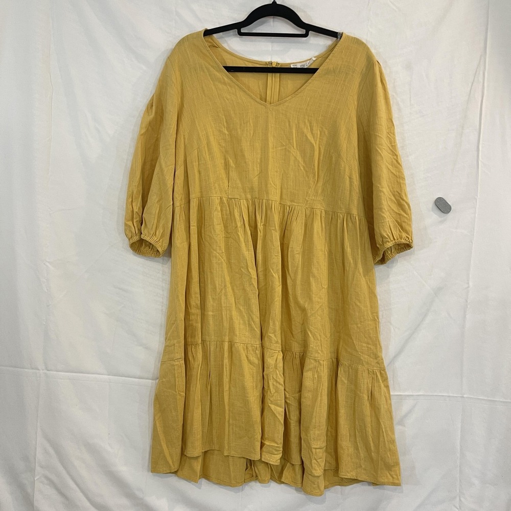 YOU + ALL Dress Womens‎ 14 Yellow Linen Blend Tiered Midi Puff Sleeve V-Neck